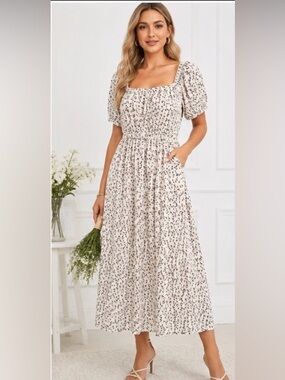 In February NWT Floral Puff Sleeve Midi Dress Pockets Medium with pockets